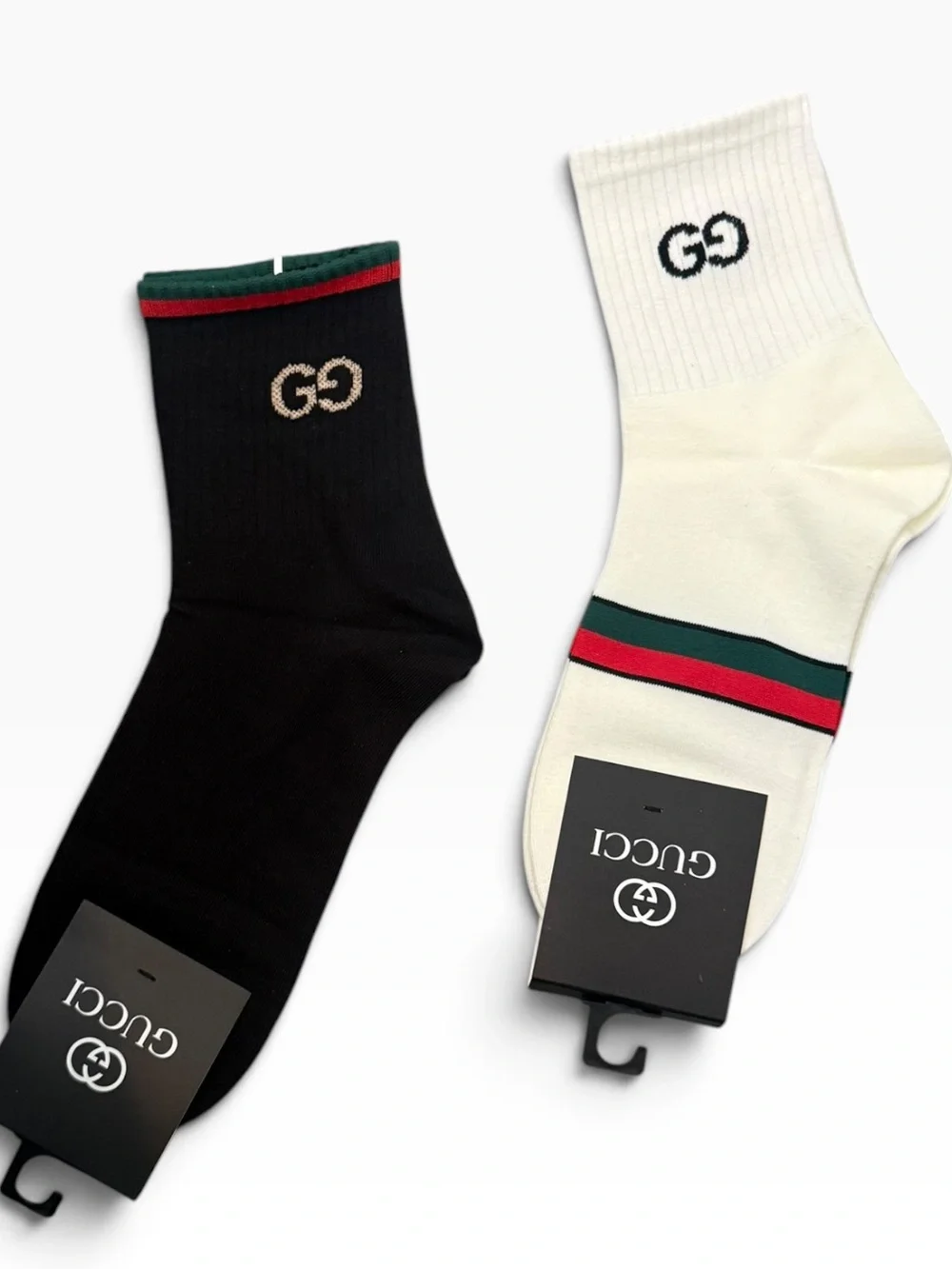 2 Pair Gucci Outlet Men's Logo Crew Socks in Brown and Tan with Web Stripe